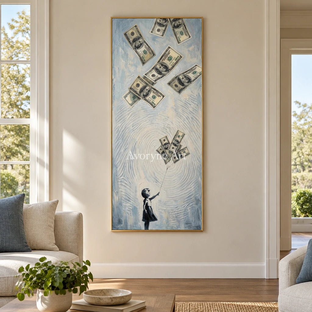 Clear Dialogue surreal scene wall art with a gold frame hanging in a living room