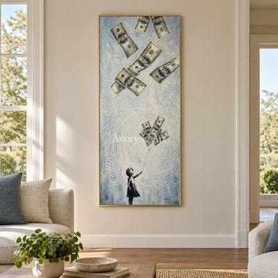 Clear Dialogue surreal scene wall art with a gold frame hanging in a living room