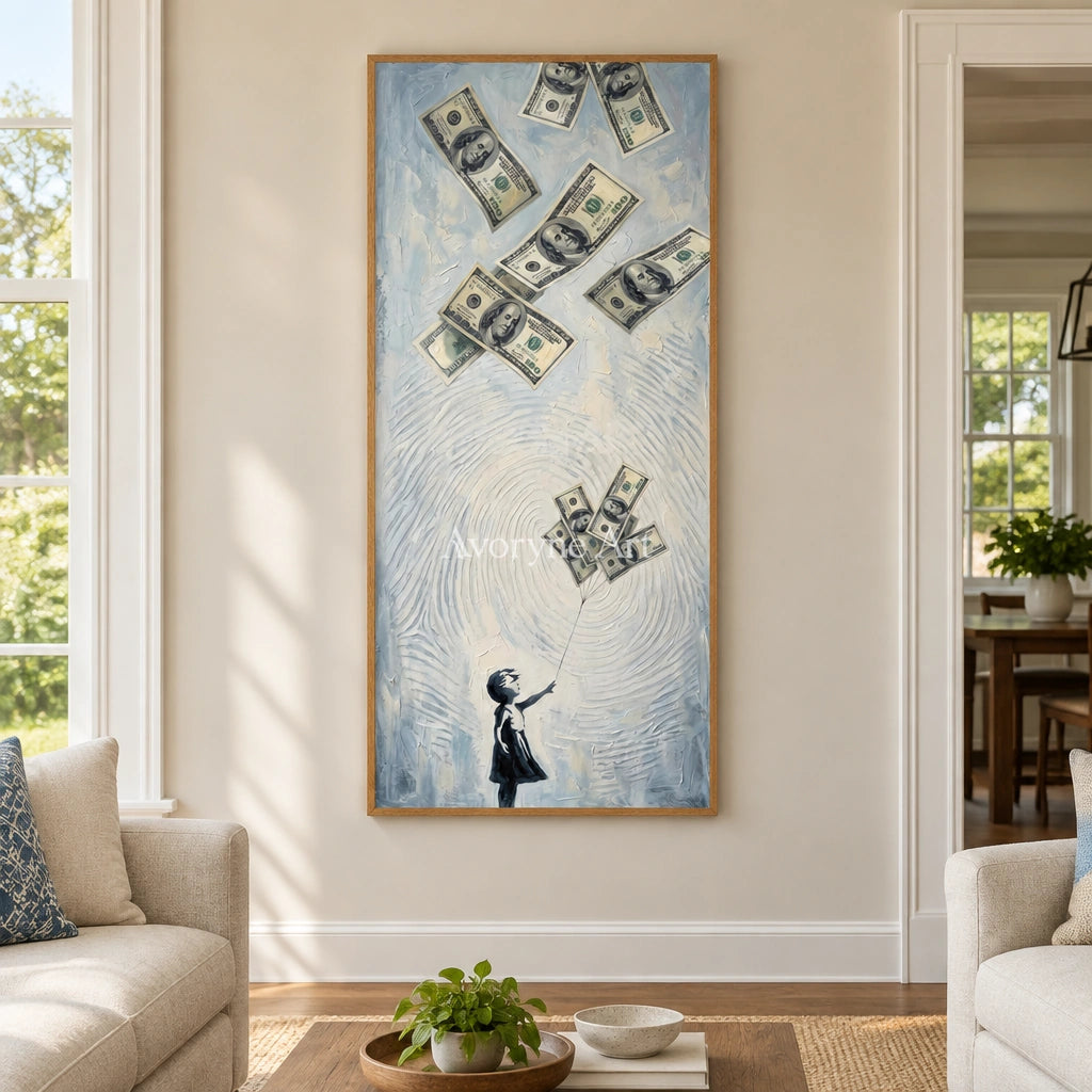Clear Dialogue surreal scene wall art with a wood frame in a villa living space