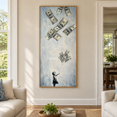 Clear Dialogue surreal scene wall art with a wood frame in a villa living space