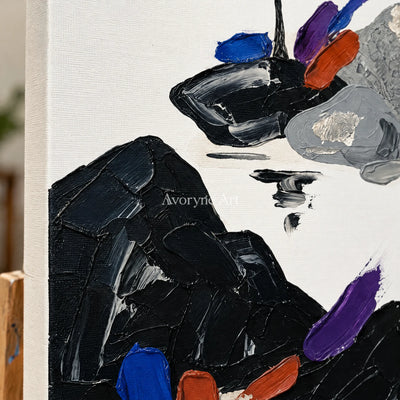 Close-up of the hand-painted texture of Misted Refrain surreal stone landscape wall art on an easel
