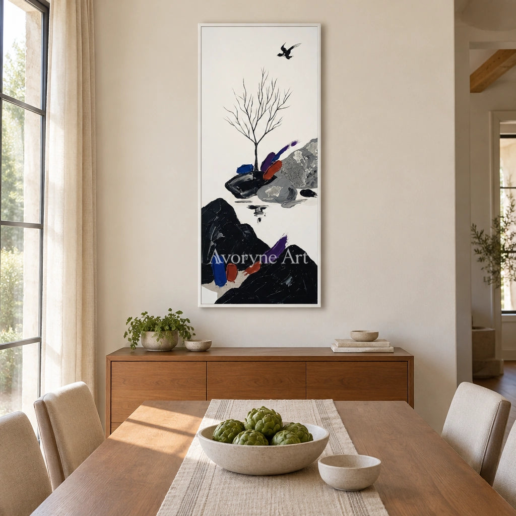Misted Refrain surreal stone landscape wall art with a white frame in a dining room