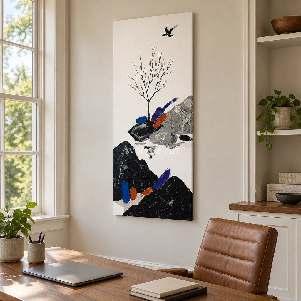 Misted Refrain surreal stone landscape wall art as a frameless stretched canvas in a home office