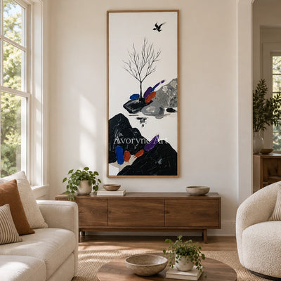 Misted Refrain surreal stone landscape wall art with a wood frame in a villa living space