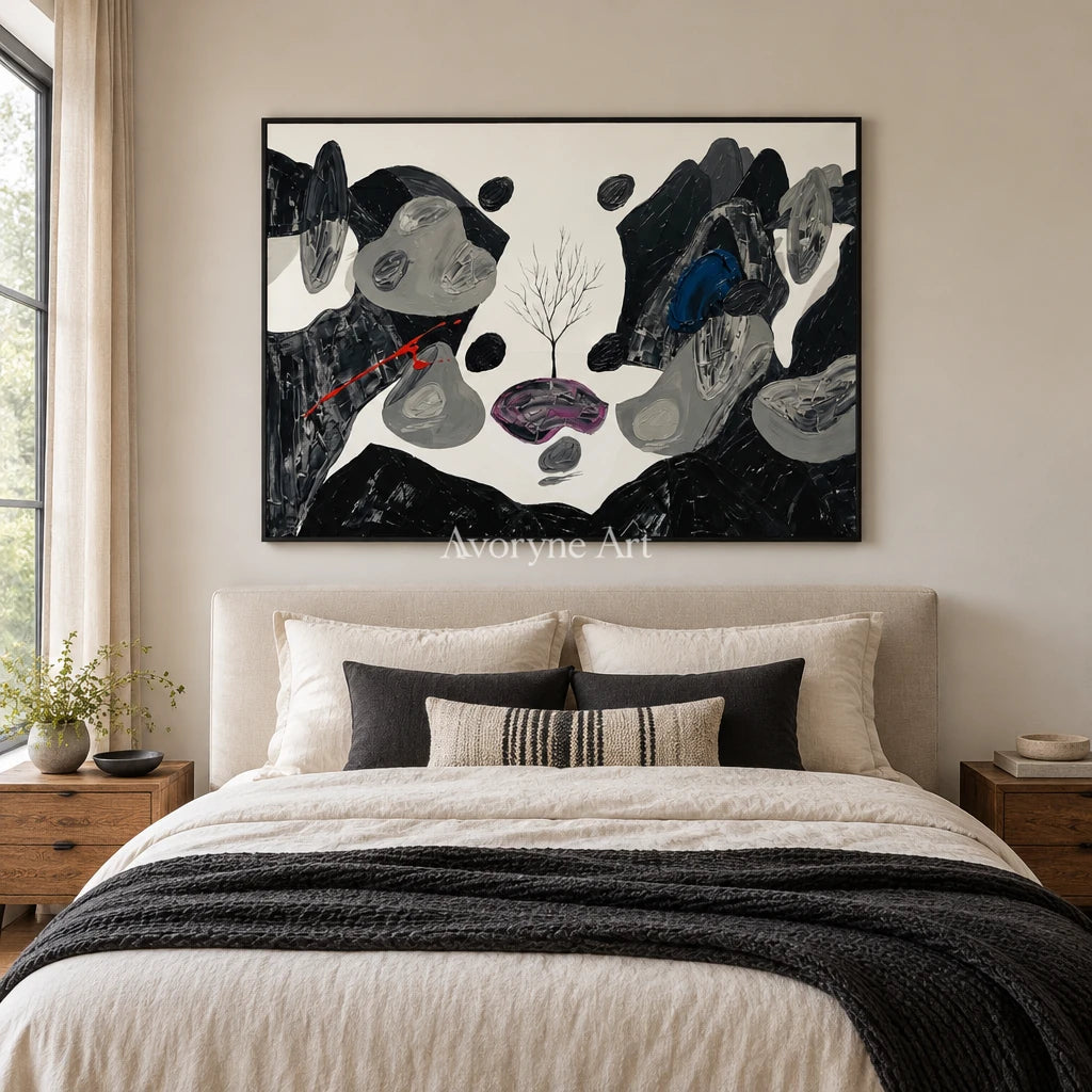 Misted Measure surreal stone landscape wall art with a black frame above a bed in a bedroom