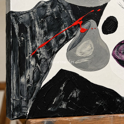 Close-up of the hand-painted texture of Misted Measure surreal stone landscape wall art on an easel