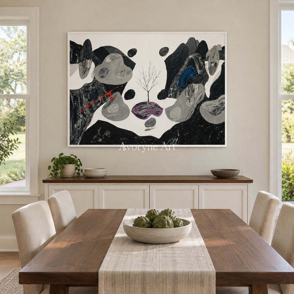 Misted Measure surreal stone landscape wall art with a white frame in a dining room