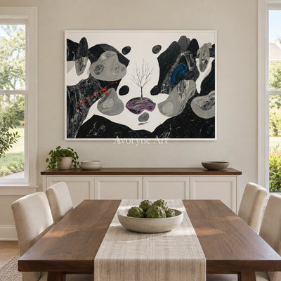 Misted Measure surreal stone landscape wall art with a white frame in a dining room