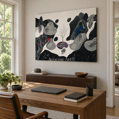 Misted Measure surreal stone landscape wall art as a frameless stretched canvas in a home office