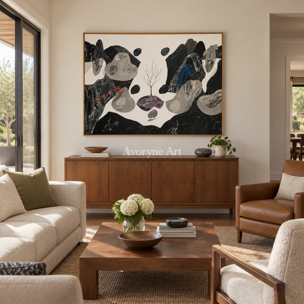 Misted Measure surreal stone landscape wall art with a wood frame in a villa living space