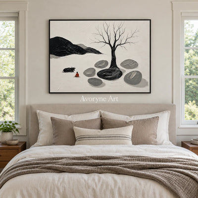 Misted Passage surreal stone landscape wall art with a black frame above a bed in a bedroom