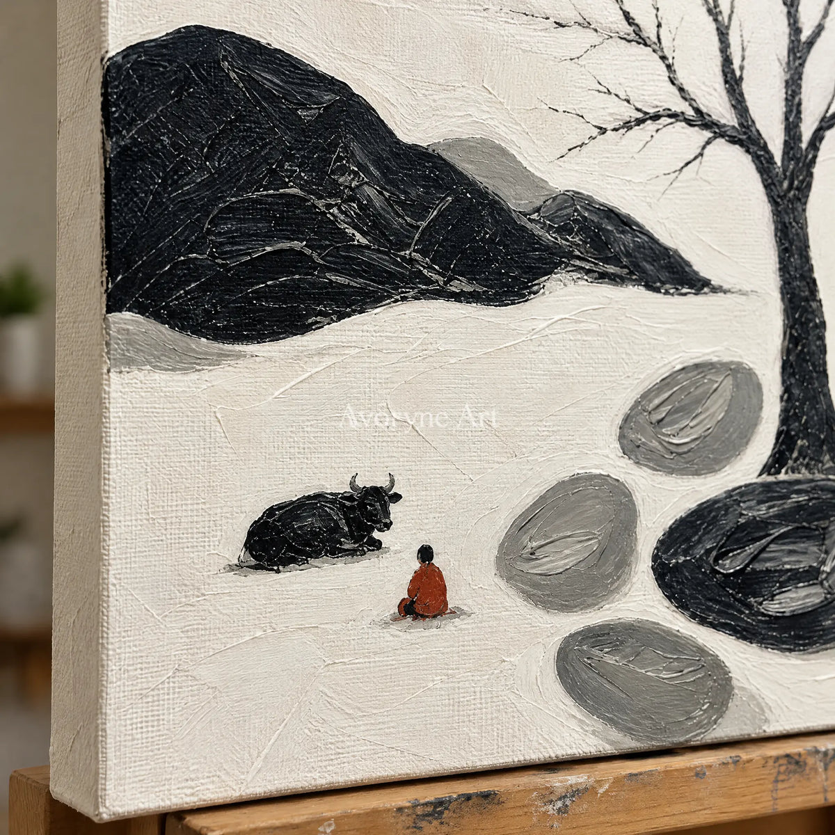 Close-up of the hand-painted texture of Misted Passage surreal stone landscape wall art on an easel