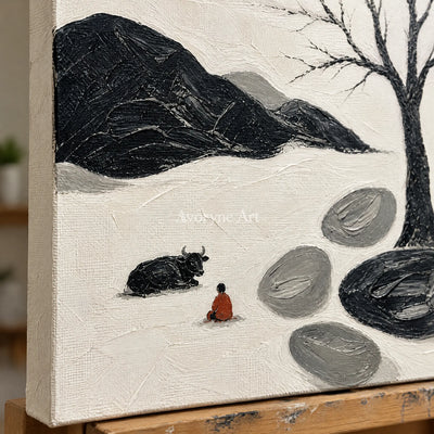 Close-up of the hand-painted texture of Misted Passage surreal stone landscape wall art on an easel