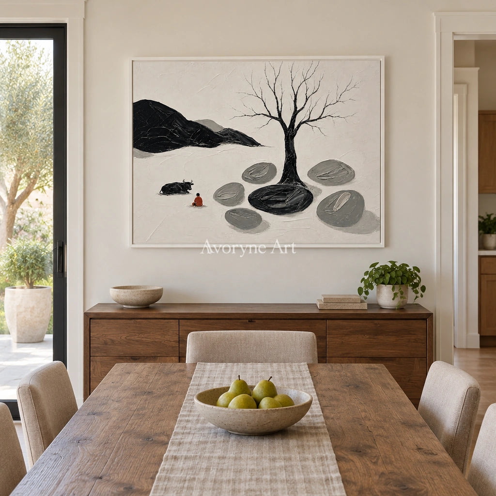 Misted Passage surreal stone landscape wall art with a white frame in a dining room