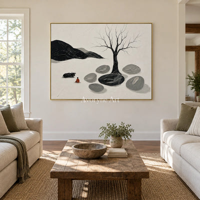 Misted Passage surreal stone landscape wall art with a gold frame hanging in a living room