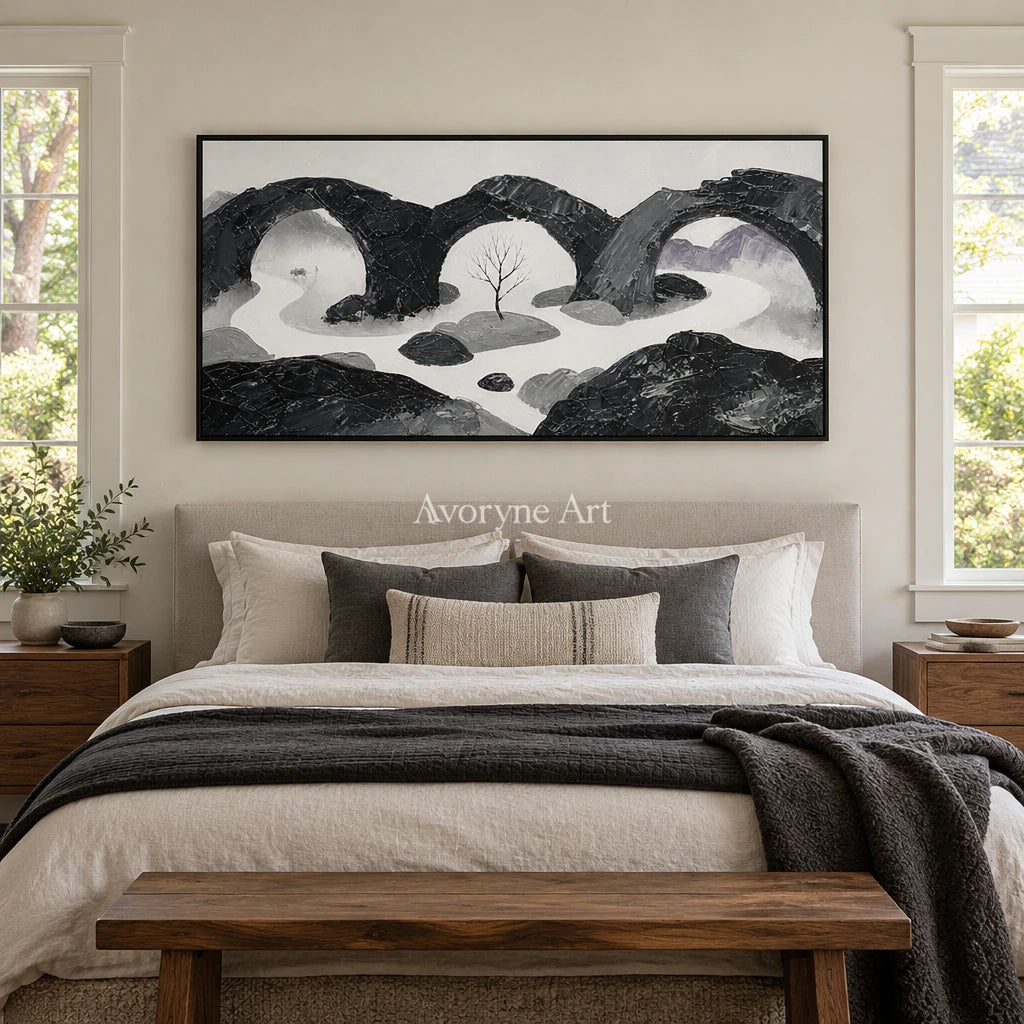Misted Rhythm surreal stone landscape wall art with a black frame above a bed in a bedroom