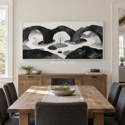 Misted Rhythm surreal stone landscape wall art with a white frame in a dining room