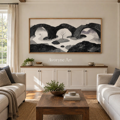 Misted Rhythm surreal stone landscape wall art with a wood frame in a villa living space