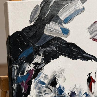 Close-up of the hand-painted texture of Misted Drift surreal stone landscape wall art on an easel