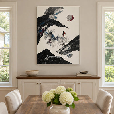 Misted Drift surreal stone landscape wall art with a white frame in a dining room