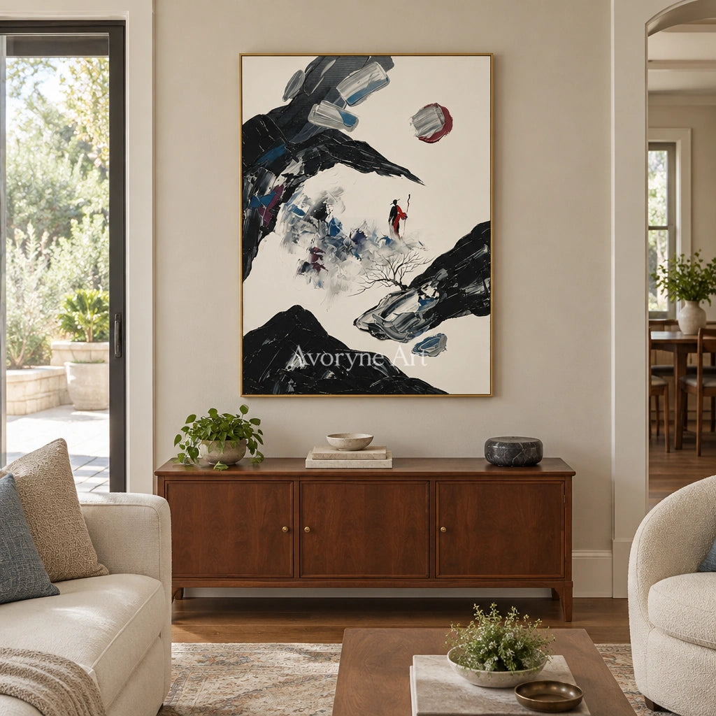 Misted Drift surreal stone landscape wall art with a gold frame hanging in a living room