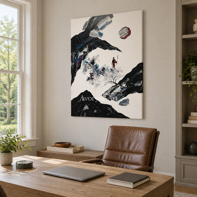 Misted Drift surreal stone landscape wall art as a frameless stretched canvas in a home office