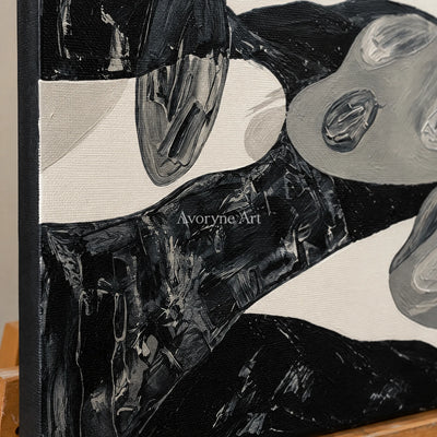 Close-up of the hand-painted texture of Misted Haven surreal stone landscape triptych on an easel
