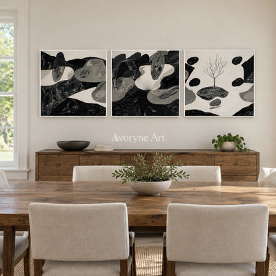 Misted Haven surreal stone landscape triptych with a white frame in a dining room