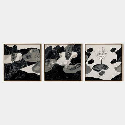 Misted Haven, hand-painted surreal stone landscape triptych by Declan O’Brien