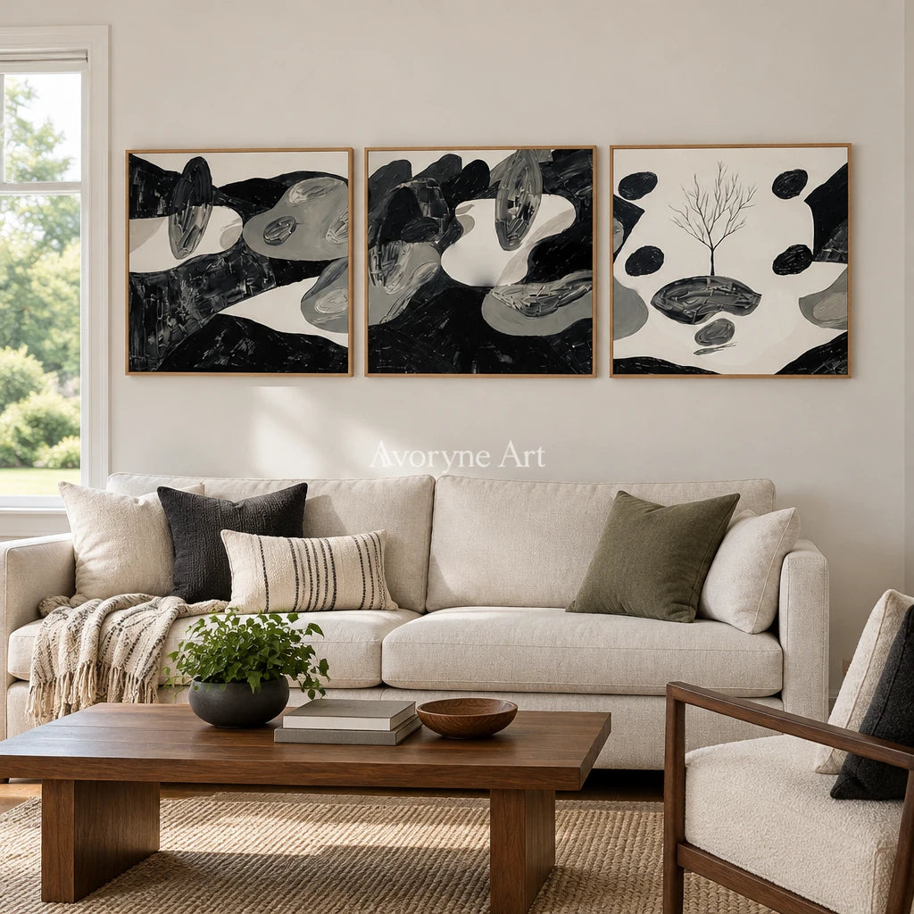 Misted Haven surreal stone landscape triptych with a wood frame in a villa living space