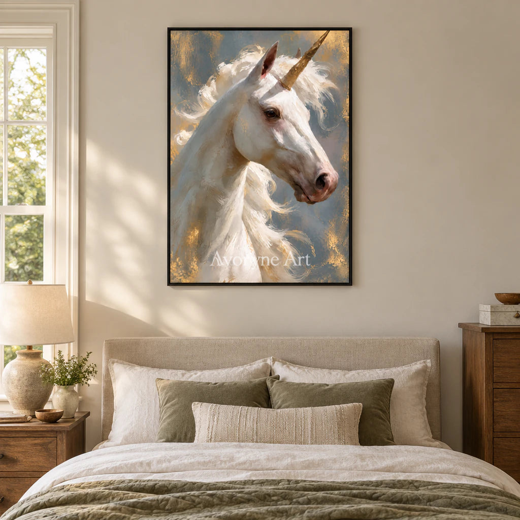Golden Wonder: Surrealist Unicorn Portrait Wall Art — bedroom black