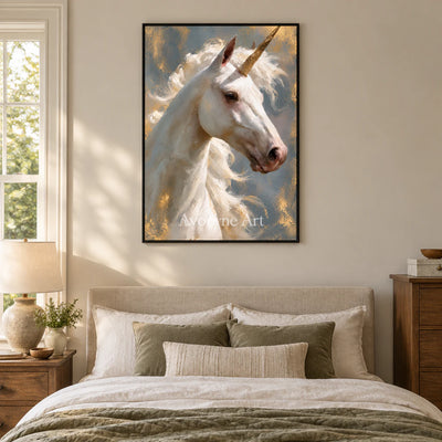 Golden Wonder: Surrealist Unicorn Portrait Wall Art — bedroom black