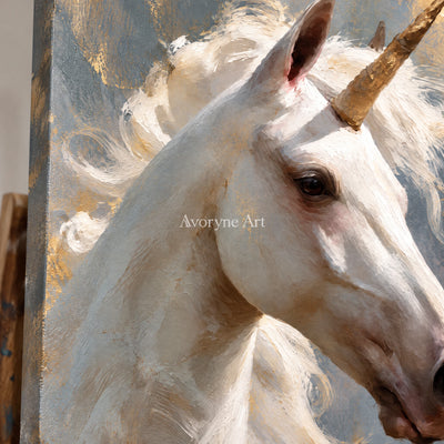 Golden Wonder: Surrealist Unicorn Portrait Wall Art — detail easel