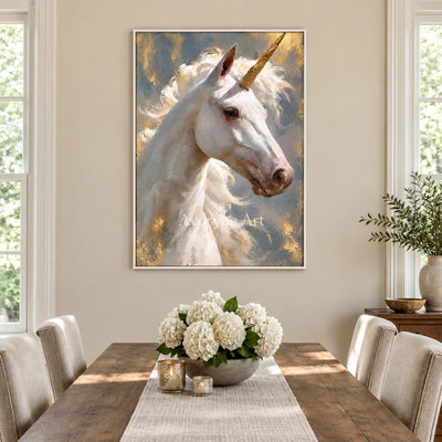 Golden Wonder: Surrealist Unicorn Portrait Wall Art — dining white