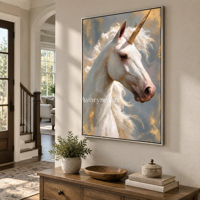 Golden Wonder: Surrealist Unicorn Portrait Wall Art — entry silver