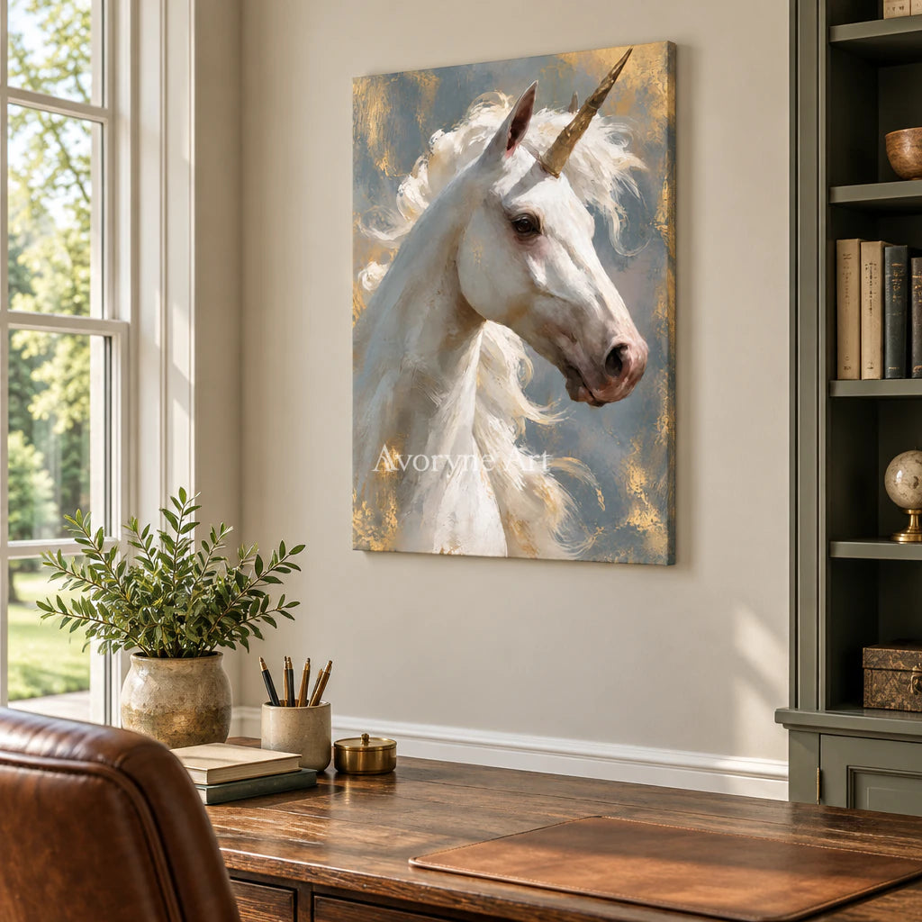 Golden Wonder: Surrealist Unicorn Portrait Wall Art — office frameless