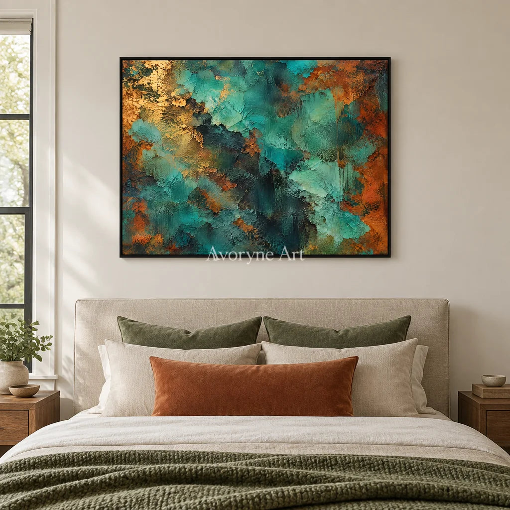 Verdigris Drift: Teal Weathered Abstract Wall Art — bedroom black