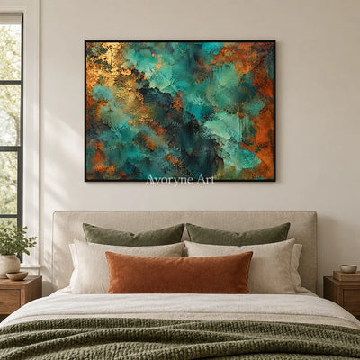 Verdigris Drift: Teal Weathered Abstract Wall Art — bedroom black