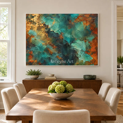 Verdigris Drift: Teal Weathered Abstract Wall Art — dining white