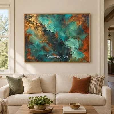 Verdigris Drift: Teal Weathered Abstract Wall Art — villa wood