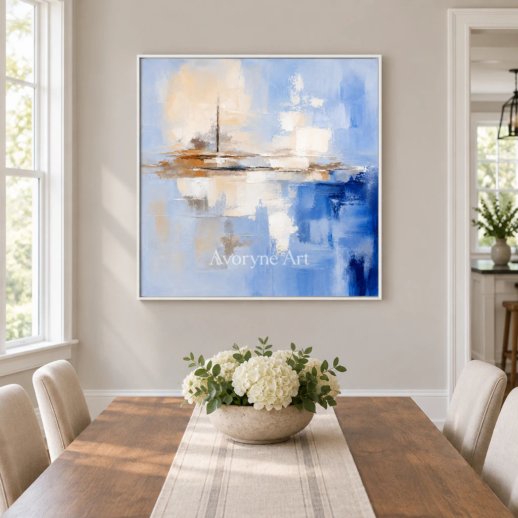 Azure Distance: Textured Abstract Horizon Wall Art — dining white
