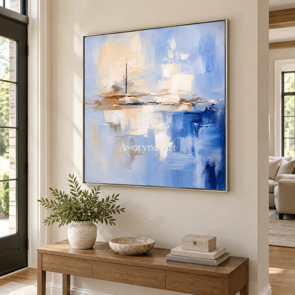 Azure Distance: Textured Abstract Horizon Wall Art — entry silver