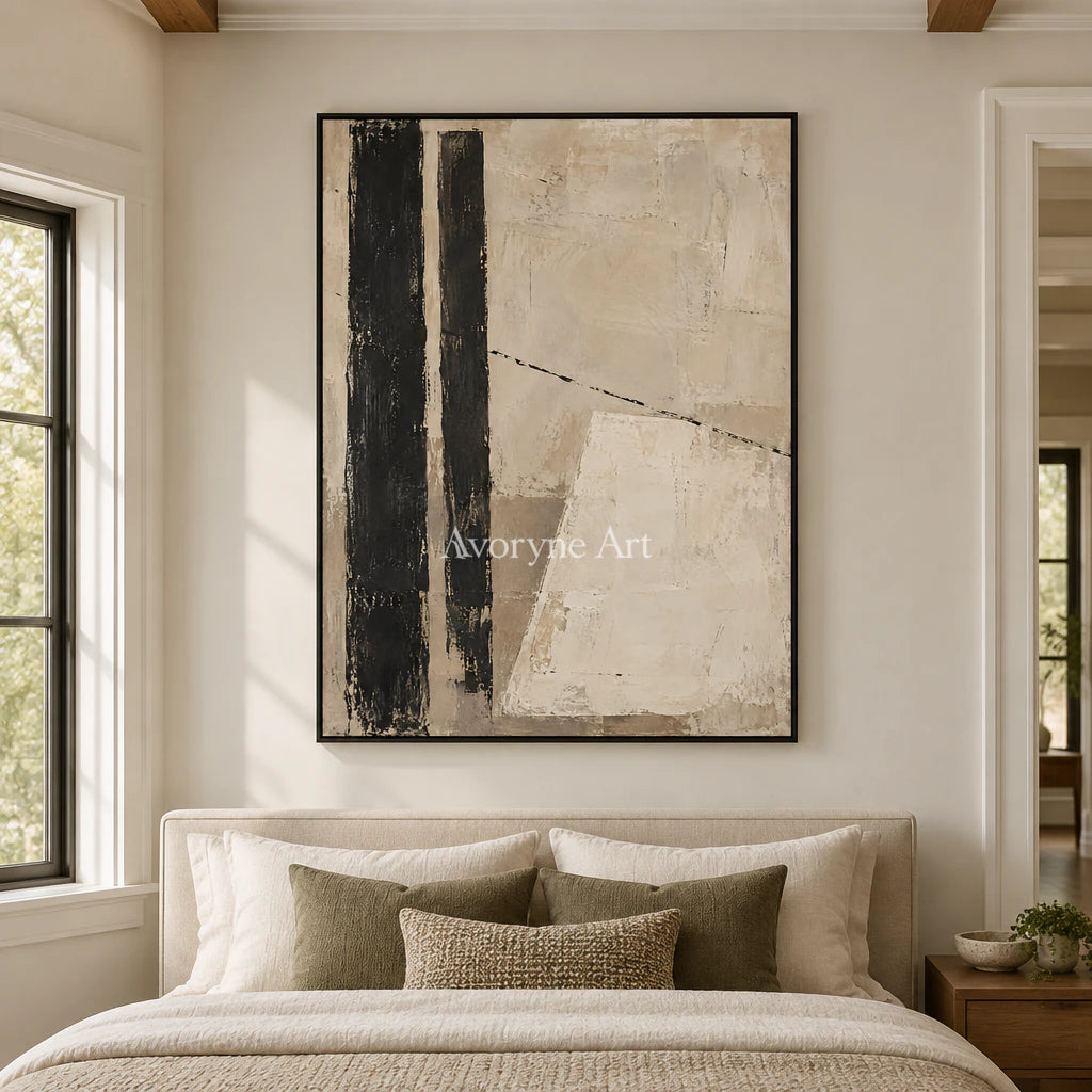 Quiet Alignment: Textured Beige Black Abstract Wall Art — bedroom black