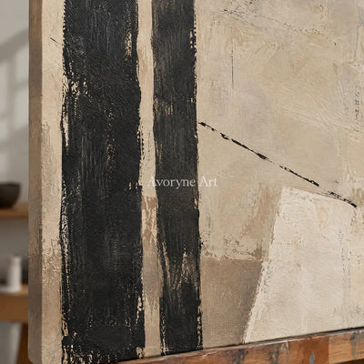 Quiet Alignment: Textured Beige Black Abstract Wall Art — detail easel
