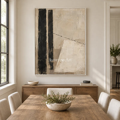 Quiet Alignment: Textured Beige Black Abstract Wall Art — dining white