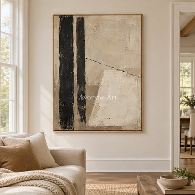 Quiet Alignment: Textured Beige Black Abstract Wall Art — villa wood