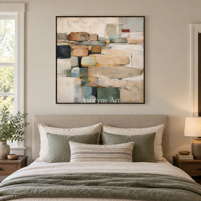 Quiet Stacks: Textured Beige Block Abstract Wall Art — bedroom black