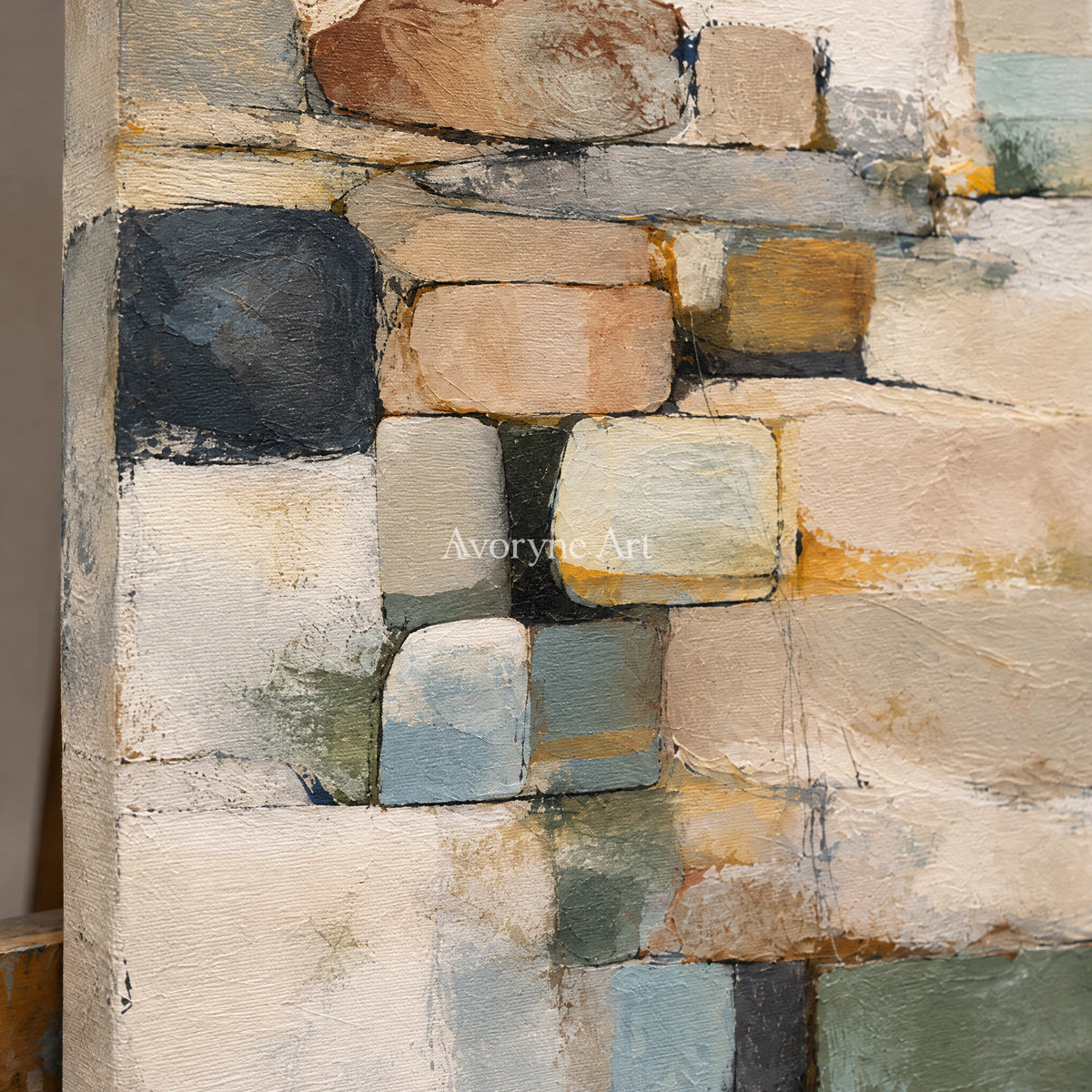 Quiet Stacks: Textured Beige Block Abstract Wall Art — detail easel