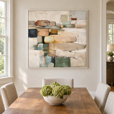 Quiet Stacks: Textured Beige Block Abstract Wall Art — dining white