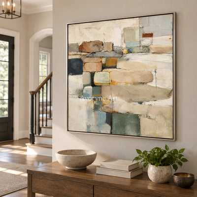 Quiet Stacks: Textured Beige Block Abstract Wall Art — entry silver